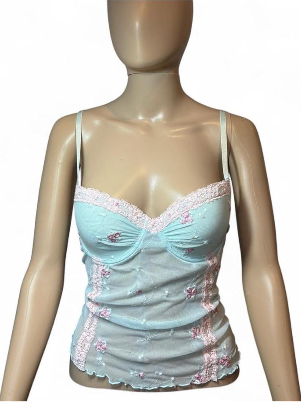 Rare Vintage 2000’s Victoria's Secret Light Blue & Pink Lace-Trim Camisole